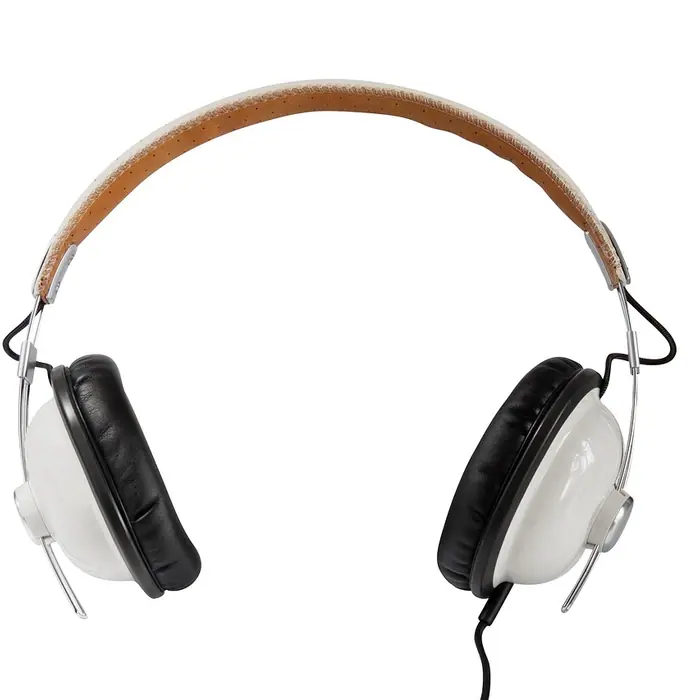 A pair of cream over-ear headphones with a leather headband