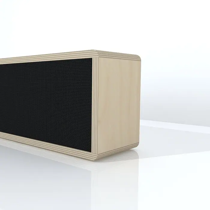 A portable Bluetooth speaker with a wood-look finish