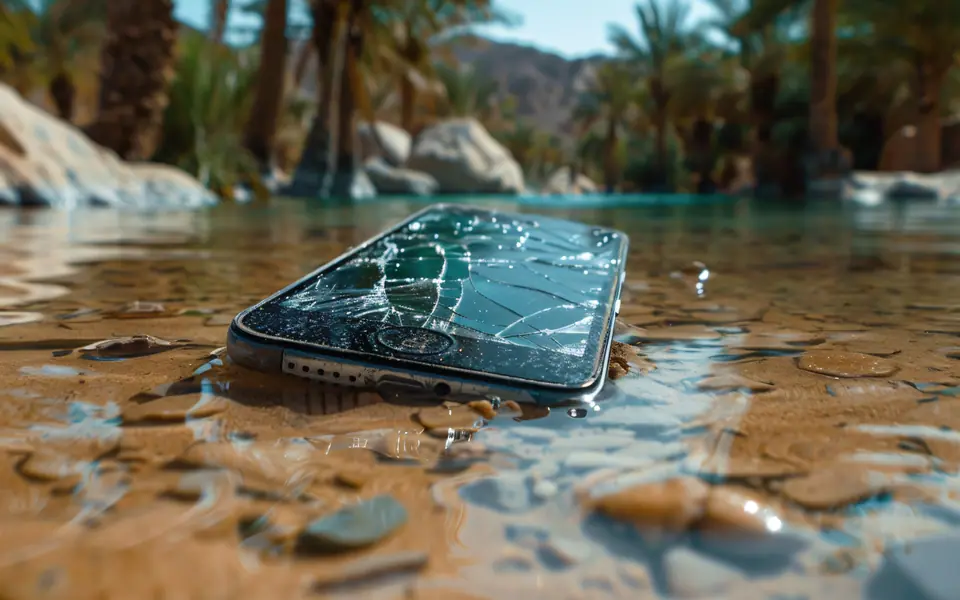 A phone with a cracked, wet screen lying partly submerged in water